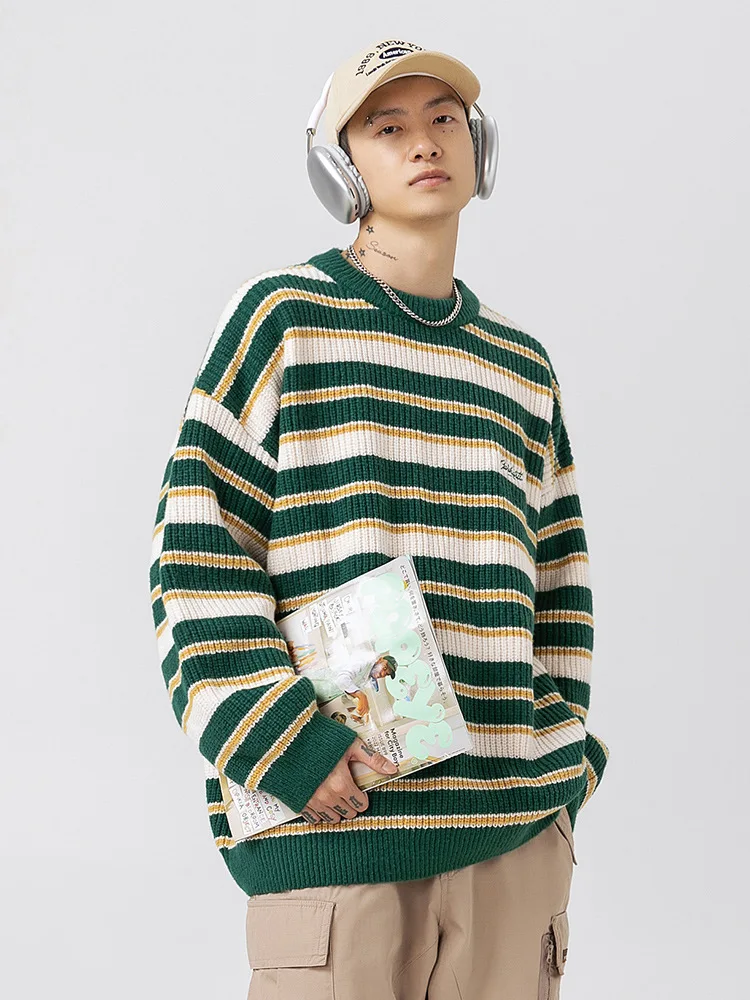 Suéter de rayas Vintage para hombre, prendas de punto informales, ropa de calle Harajuku, jerséis de Hip Hop, Tops para parejas, Otoño e Invierno - imagen 4