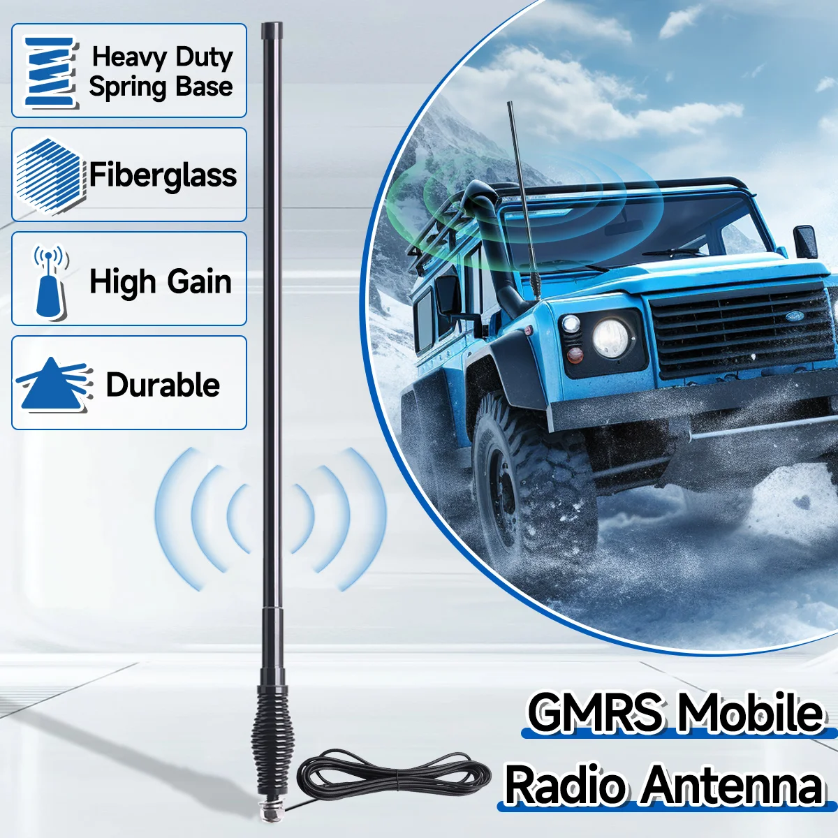 Antena móvil GMRS de fibra de vidrio de 462-467MHz con soporte de montaje de Base de resorte resistente Cable Coaxial RG58 para Radio de vehículo - imagen 3