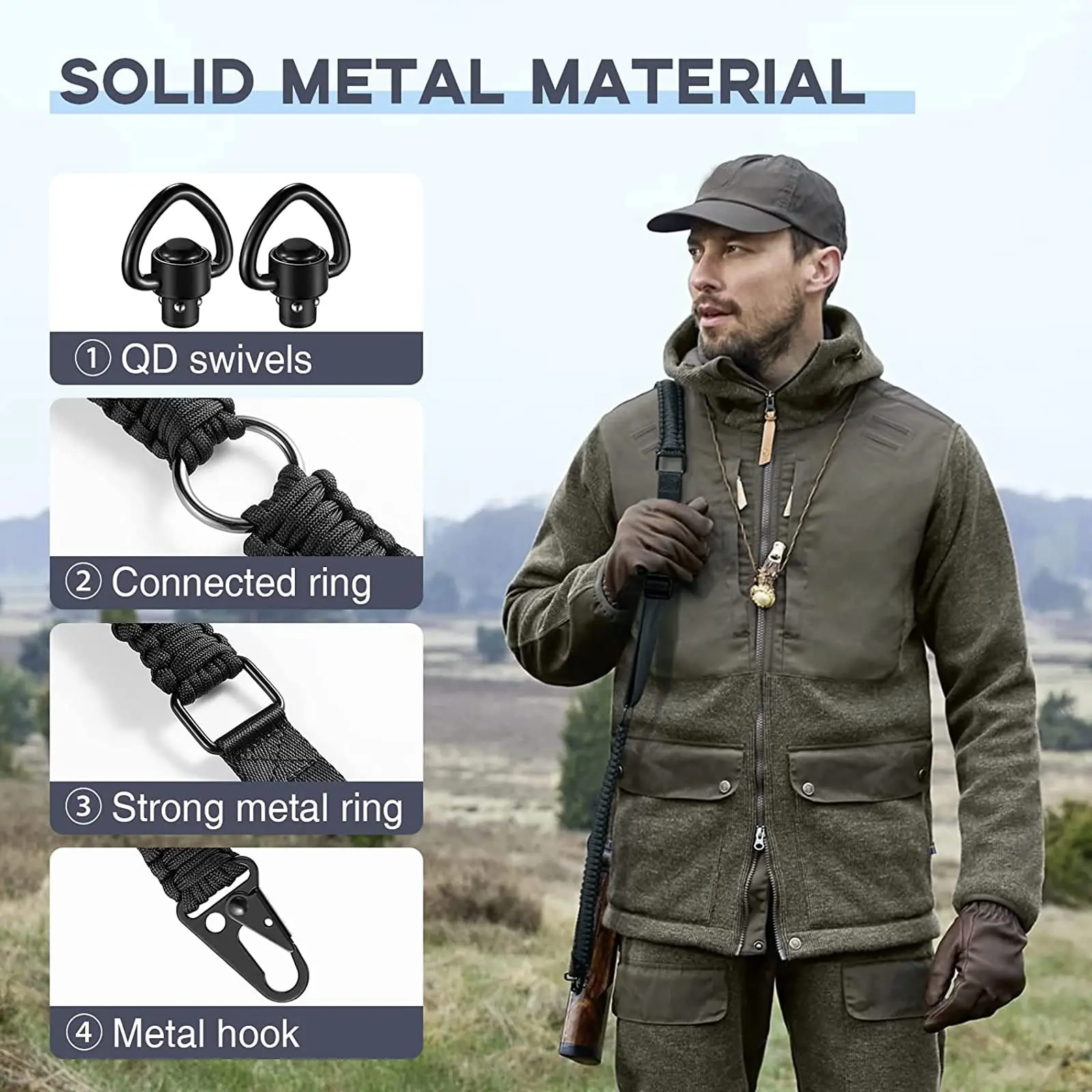 MidTen Rifle 2 puntos eslingas correa de hombro cinturón 550 Paracord correa ajustable con gancho de metal y giratorios sólidos negro clásico - imagen 5