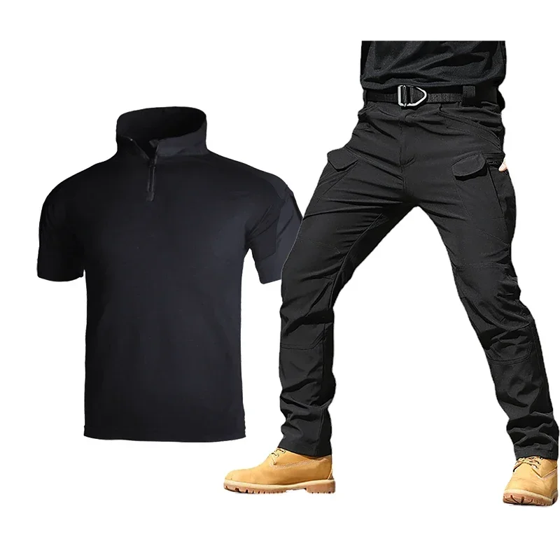 Conjuntos tácticos de verano para hombre, camisetas de manga corta transpirables y pantalones Cargo con múltiples bolsillos para exteriores, trajes de 2 piezas, conjunto de entrenamiento de camuflaje negro - imagen 5