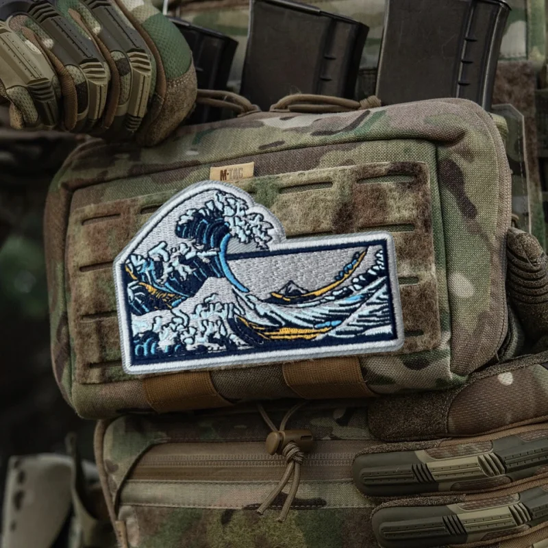 Parche bordado 3D de onda en el océano, chaleco táctico, insignia de moral con gancho y bucle, pegatinas decorativas para mochila, parches para brazalete para ropa
