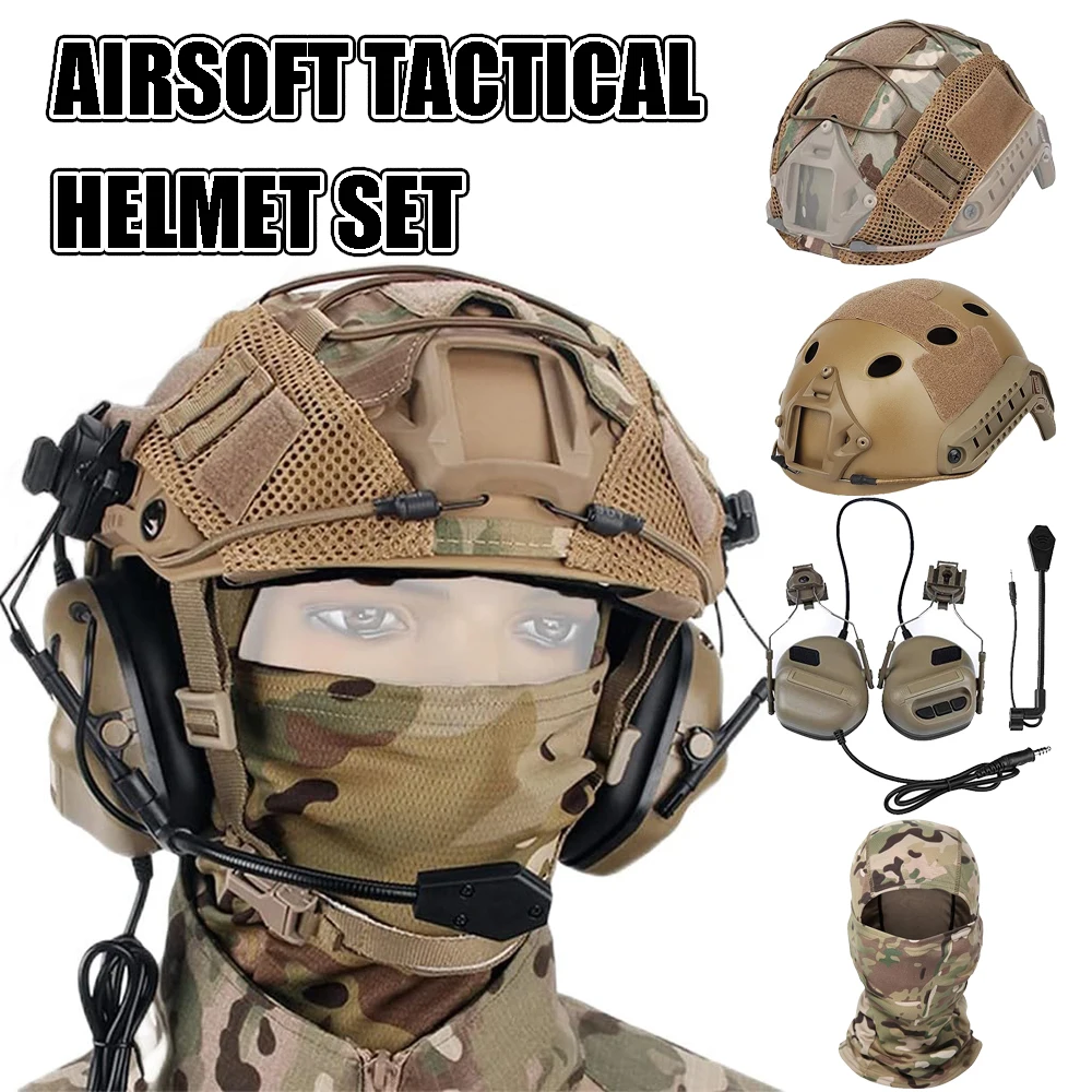 Conjunto de casco táctico con visera de máscara Airsoft, auriculares tácticos y tela para casco, casco ligero y seguro rápido para Paintball al aire libre