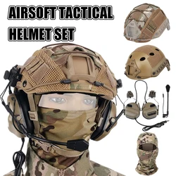 Conjunto de casco táctico con visera de máscara Airsoft, auriculares tácticos y tela para casco, casco ligero y seguro rápido para Paintball al aire libre