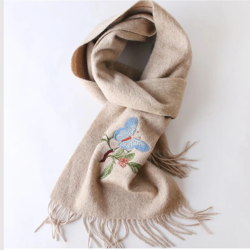 100% bufanda de lana pura tejido térmico de lujo respetuoso con el medio ambiente diseño bordado de China accesorios de ropa decoración regalo suave mujer chica - imagen 3
