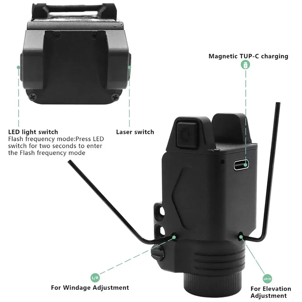 Luz de pistola de 500 lúmenes, mira láser combinada, linterna de pistola de carga magnética con mira láser roja y verde para riel 1913 o GL - imagen 4