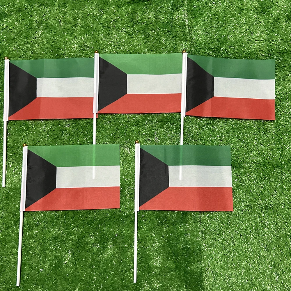 Bandera de la SKY, bandera de mano de Kuwait, 10/20/50/100 Uds., 21x14cm, banderas ondeantes de mano de Kuwait con poste de plástico para actividades deportivas, decoración del hogar