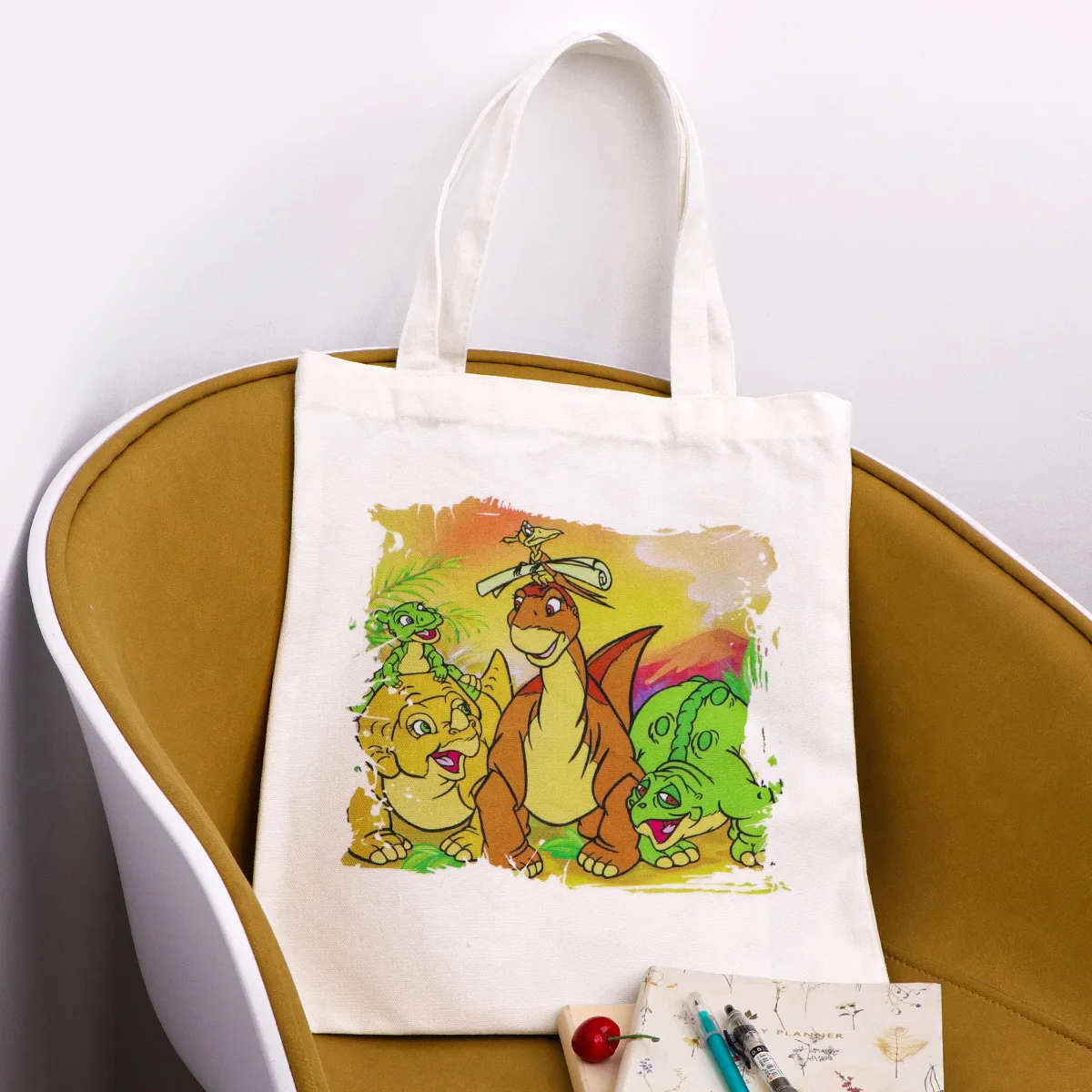 Bolso de mano de dinosaurio de dibujos animados, bolsos de hombro para mujer, bolso de compras Vintage, bolso de mano de lona informal de gran capacidad - imagen 3