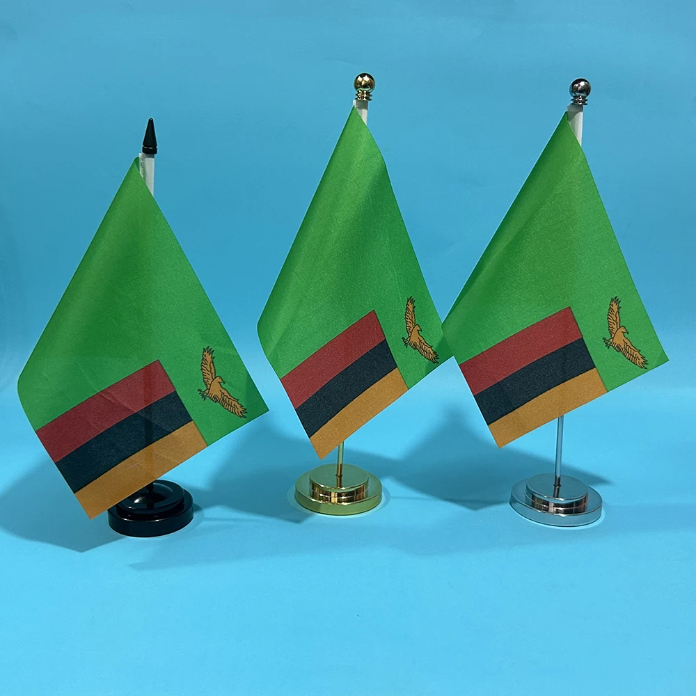 BANDERA DE SKY Bandera de escritorio de oficina Bandera de Zambia 14x21 cm Estantería de adornos de escritorio de poliéster Banderas nacionales de la República de Zambia