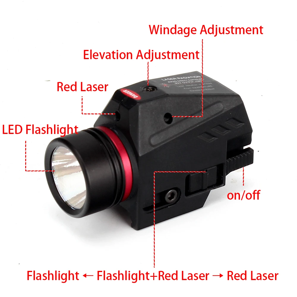Luz LED táctica para arma, linterna láser de punto rojo, mira militar para pistola Airsoft, Mini pistola de riel de 20mm - imagen 2