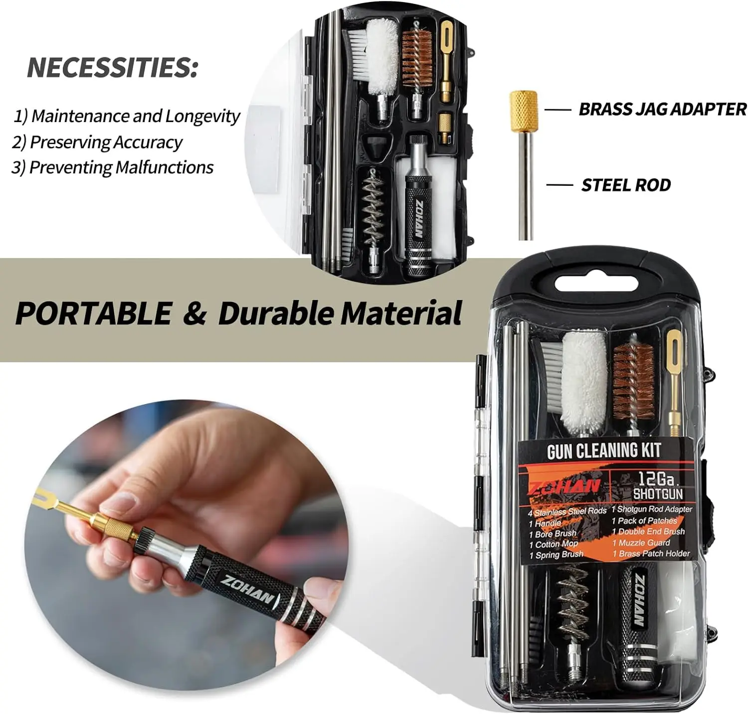 ZOHAN-Kit de limpieza de pistola, herramienta Universal de cepillo para pistola, Kit de limpieza de escopeta de calibre 12, limpiador de barril de pistola, montaje portátil para caza - imagen 5