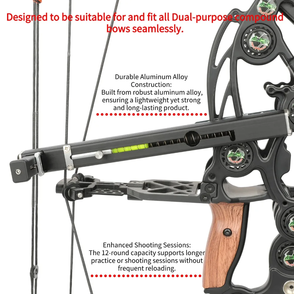 Lanzador de bolas de acero con alimentación automática para arco de caza, capacidad de 12 rondas, montaje de aleación de aluminio, cocción continua, arco de doble propósito Acc - imagen 3