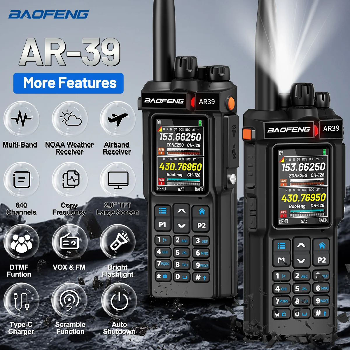 BAOFENG AR-39 Walkie Talkie de largo alcance multibanda 7 opciones de fuente de color con linterna AM/FM frecuencia de copia inalámbrica Radioaficionado - imagen 2