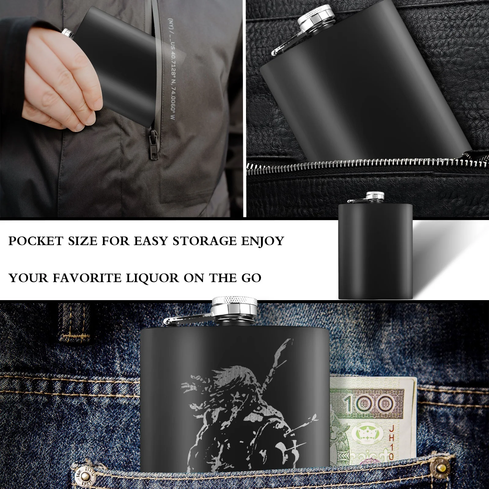 Frasco de bolsillo de acero inoxidable 304 para hombre, frasco de 8 Oz, personalizado, grabado con láser, negro mate, tapa a prueba de fugas - imagen 3