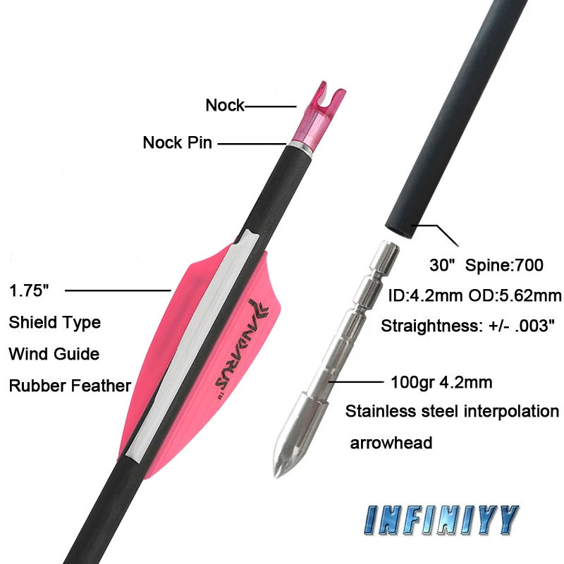 Flecha de carbono puro de 12 piezas, arco recurvo compuesto para tiro con arco de caza, id4.2 mm +/-0.003, PANDARUS Spine 400-1000 - imagen 3