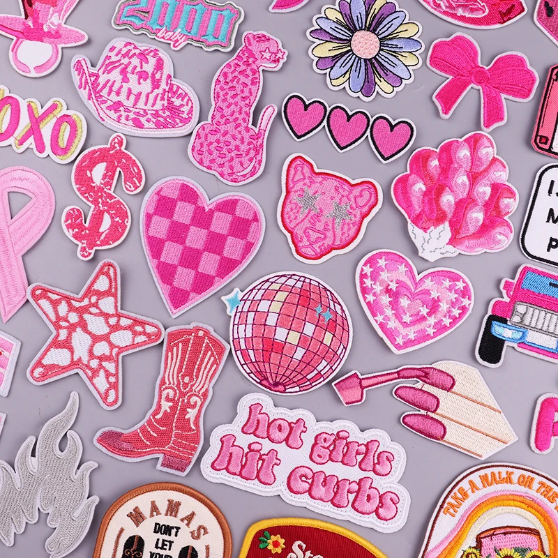Parches bordados de dibujos animados rosas para pantalones vaqueros YK2, parche termoadhesivo para planchar, apliques para ropa, pegatinas con logotipo, chicas calientes