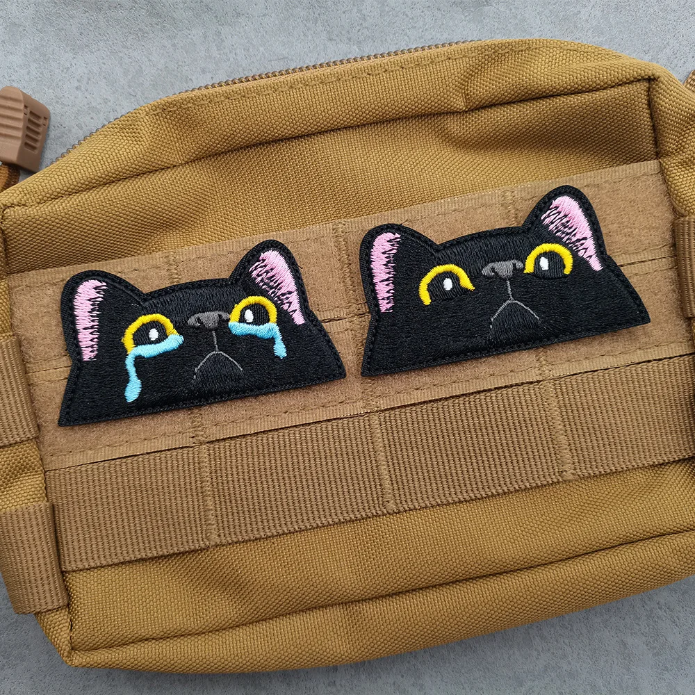 Parche de Cry Cat con cierre de gancho y bucle, insignia divertida, parches de cara de gato negro para ropa, lindo emblema bordado DIY en pegatinas de mochila - imagen 3