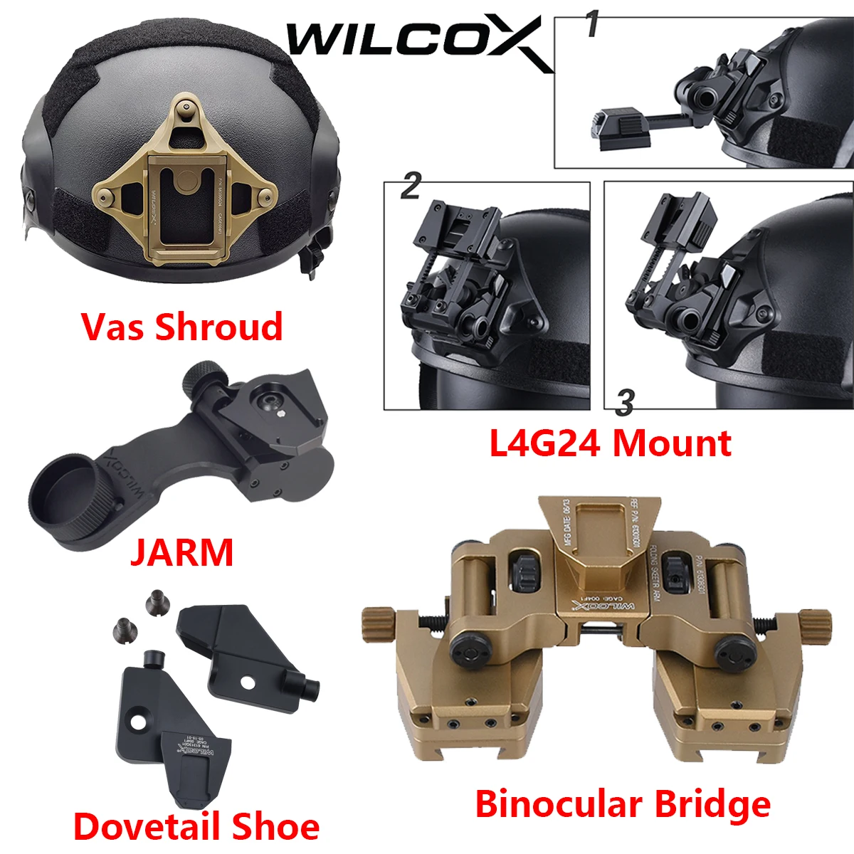 Wilcox Metal L4 G24 L4G24 NVG montaje JARM casco táctico Vas Shroud adaptador puente Binocular cola de milano zapato caza NVG montaje