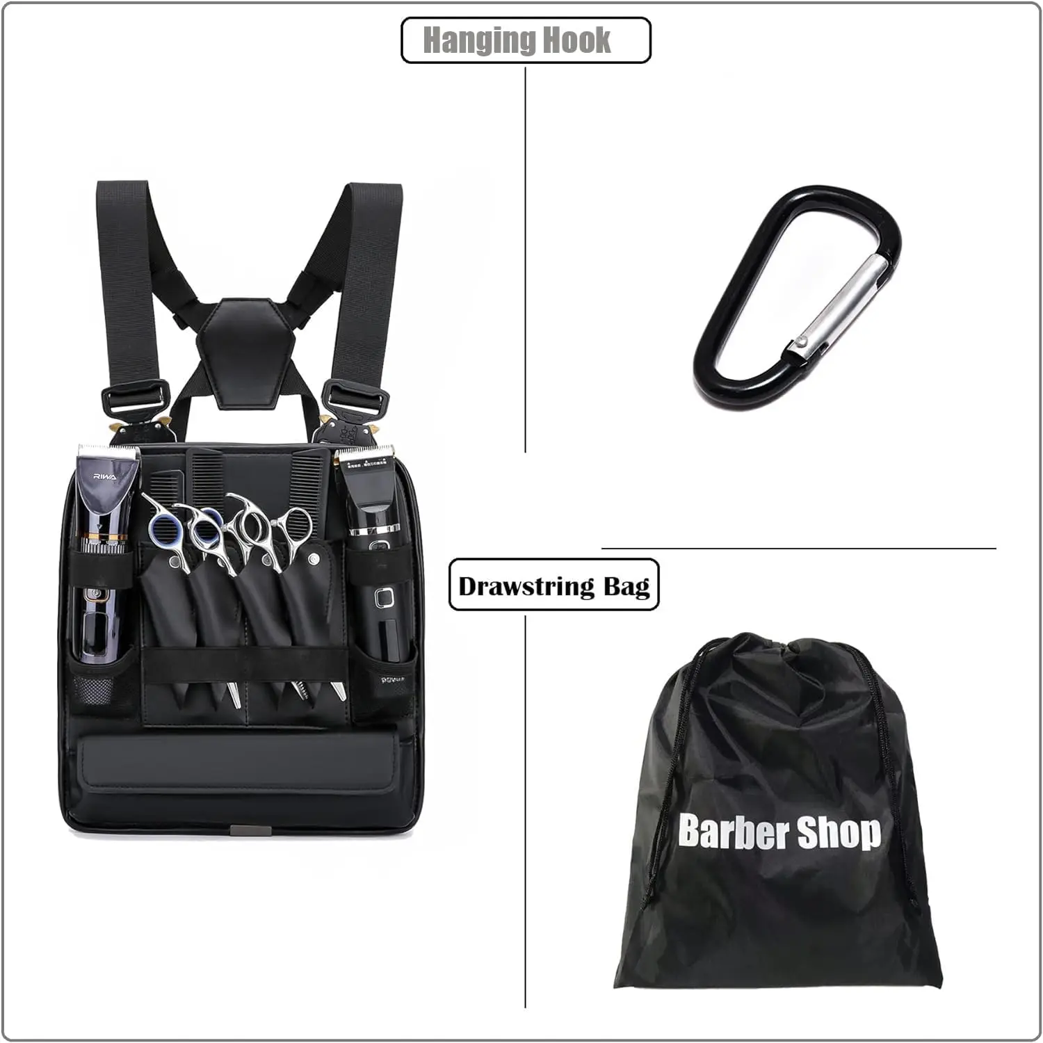 Bolsa de aparejo de pecho de cuero PU para peluqueros, cortaúñas y suministros, bolsa de tijera de peluquería profesional, organizador de suministros de peluquero - imagen 5