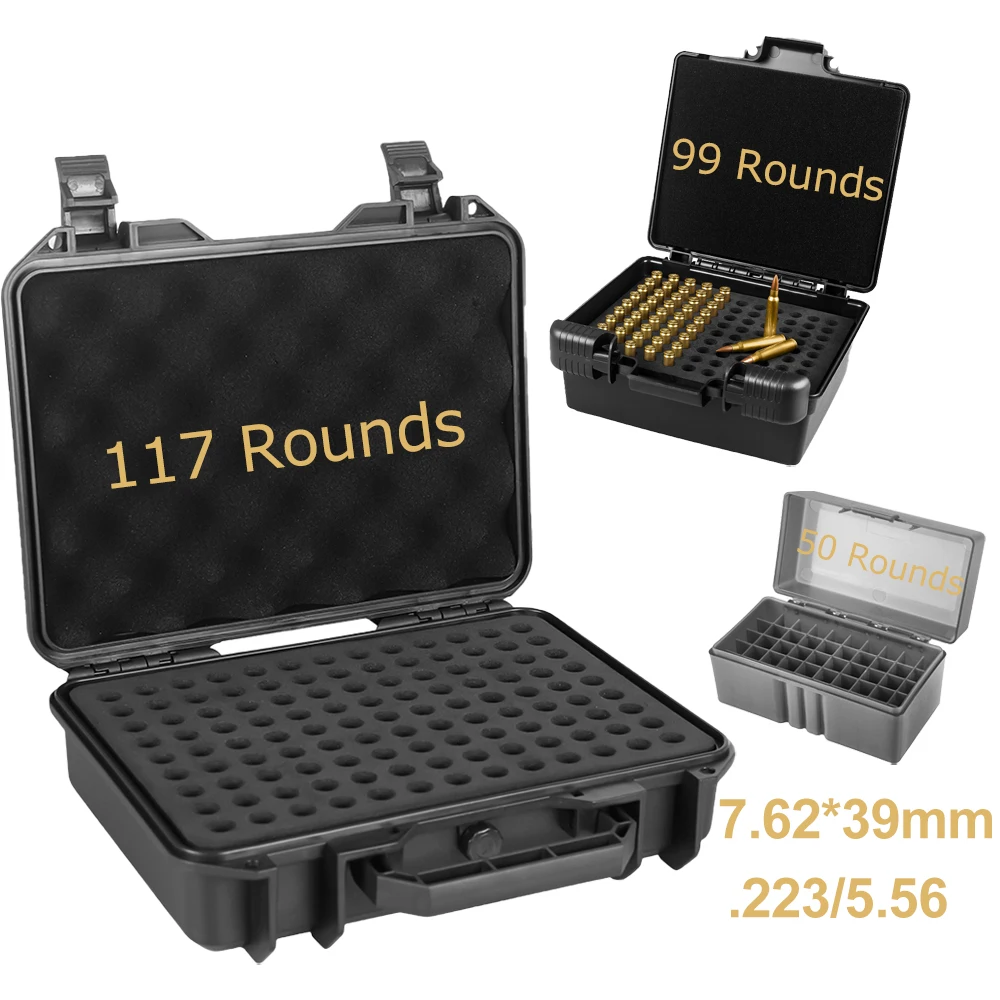 Caja de munición, caja de balas de 7,62x39, 223, 5,56mm, estuche de almacenamiento para transporte de munición y Rifle, caja con soporte para cartuchos abatibles, 50/99/100 rondas