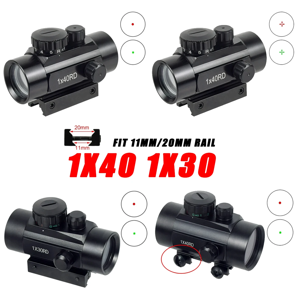 Mira telescópica táctica 1X30 1x40, punto rojo y verde/Rifle cruzado, colimador holográfico Airsoft, punto de 11mm/20mm, montaje en riel, riel Pictinny - imagen 2