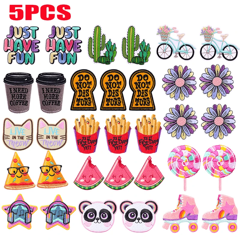 5 uds mochila chaquetas sombreros coser bordado DIY parche de dibujos animados bicicleta flor Pizza sandía parche hierro en parches parche de gato