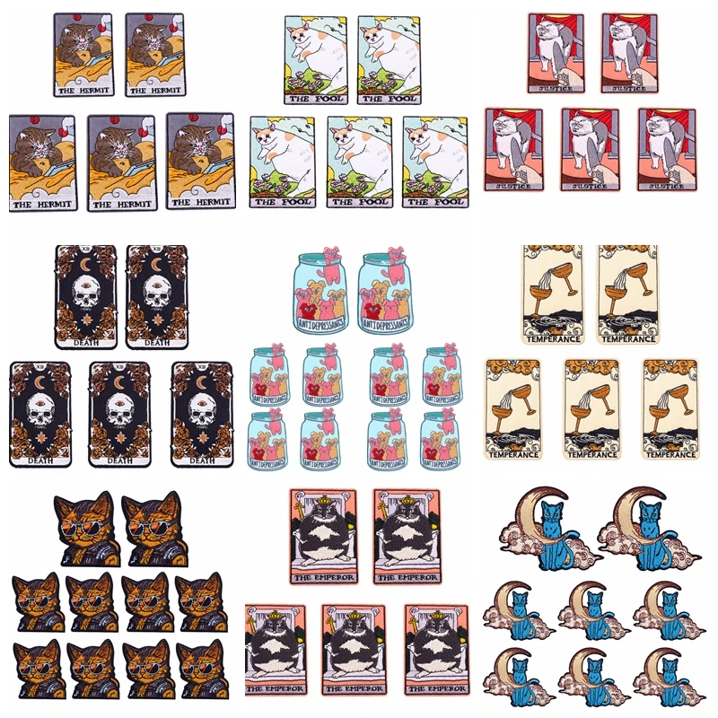 Parche bordado de gato de dibujos animados/Tarot, parches para planchar chaquetas, apliques de animales para ropa, costura bordada, bricolaje, 10 unids/lote