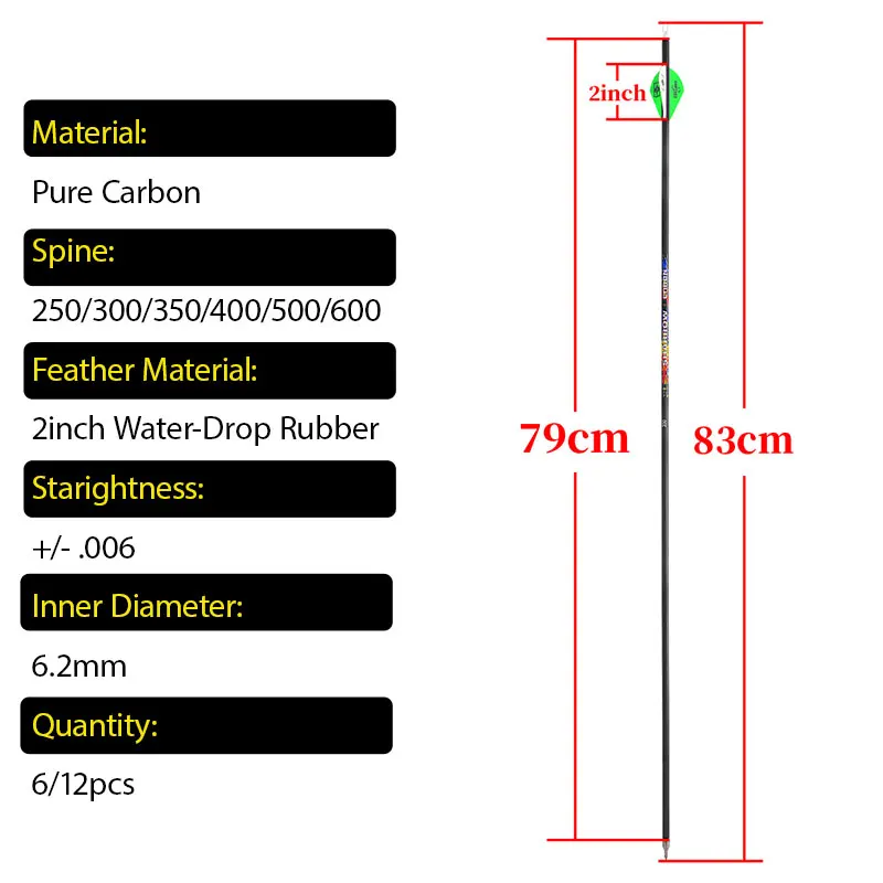 Flecha de carbono puro para tiro con arco de 32,5 pulgadas SP250 300 350 400 500 600 ID6.2mm OD7.8mm 100Gr puntos 2 pulgadas paletas arco caza tiro 6/12 Uds - imagen 5