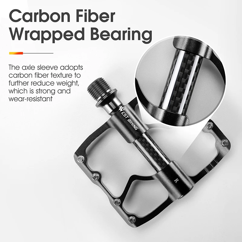 WEST BIKING-Pedal de bicicleta ultraligero con 3 rodamientos, eje de fibra de carbono, Pedal hueco, estribo antideslizante para Ciclismo de Carretera, bicicleta de montaña - imagen 3