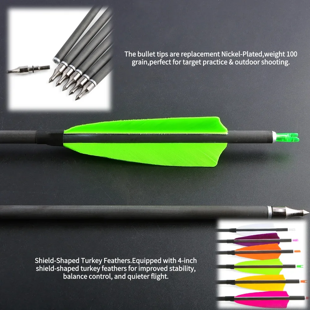 Flecha de carbono SP400 de 35 pulgadas, tiro con arco de 4 ", pluma de pavo Real, puntas de 100Gr, ID de 6,2mm, arco compuesto de flecha de carbono, tiro de caza, 6/12 Uds. - imagen 3