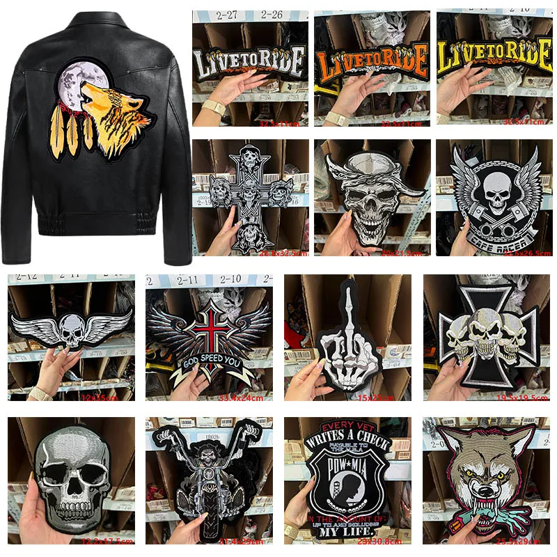 Parche de motociclista Punk grande para coser, parche bordado de calavera para motocicleta, parches termoadhesivos para ropa en chaqueta