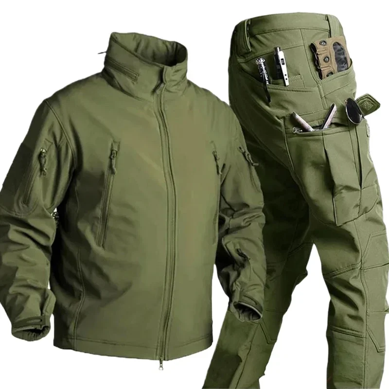 Conjuntos tácticos de forro polar para hombre, chaquetas de piel de tiburón impermeables con múltiples bolsillos, pantalones Cargo cálidos, trajes tácticos para exteriores - imagen 2