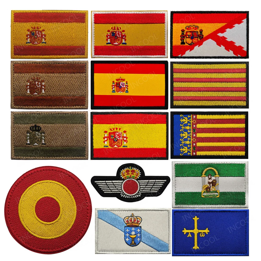 Galice Cataluña Valencia Andalucía Asturias Bandera Española Parches Tácticos Insignias Bordadas para Mochilas Accesorios de Ropa
