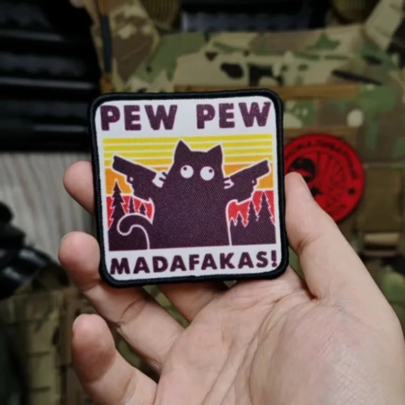 Parches tácticos Pew Madafakas, bordados divertidos, gancho y bucle, doble lanza militar, insignia de moral de gato negro, pegatinas de mochila - imagen 5