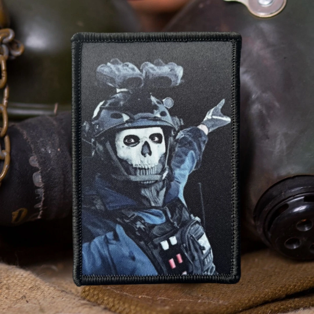 Máscara de fantasma, insignia de moral de Chevron, parches de gancho y bucle impresos con esqueleto para ropa, brazalete del ejército militar, pegatina de embalaje trasero - imagen 5