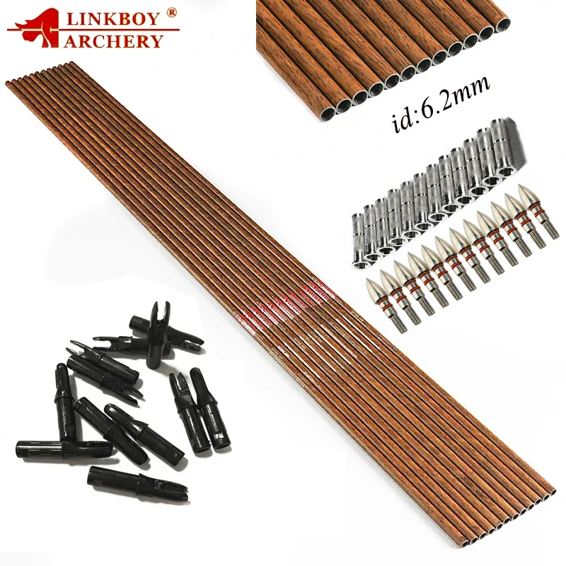 12 Uds tiro con arco piel de madera flecha de carbono eje columna vertebral 300-900 "ID6.2mm arco tradicional compuesto caza