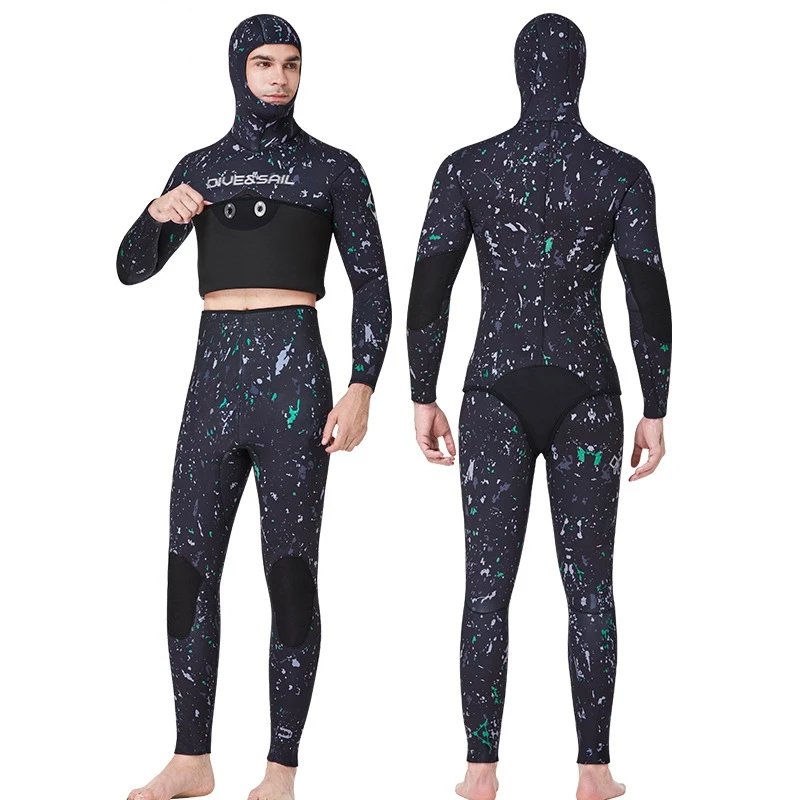traje de neopreno hombre traje buceo 5 mm hombre buceTraje de buceo de camuflaje de 3MM-7MM, traje de buceo de goma de cloropreno, traje de surf para hombre, traje de buceo profundo con capucha de manga larga, 2 piezas - imagen 5