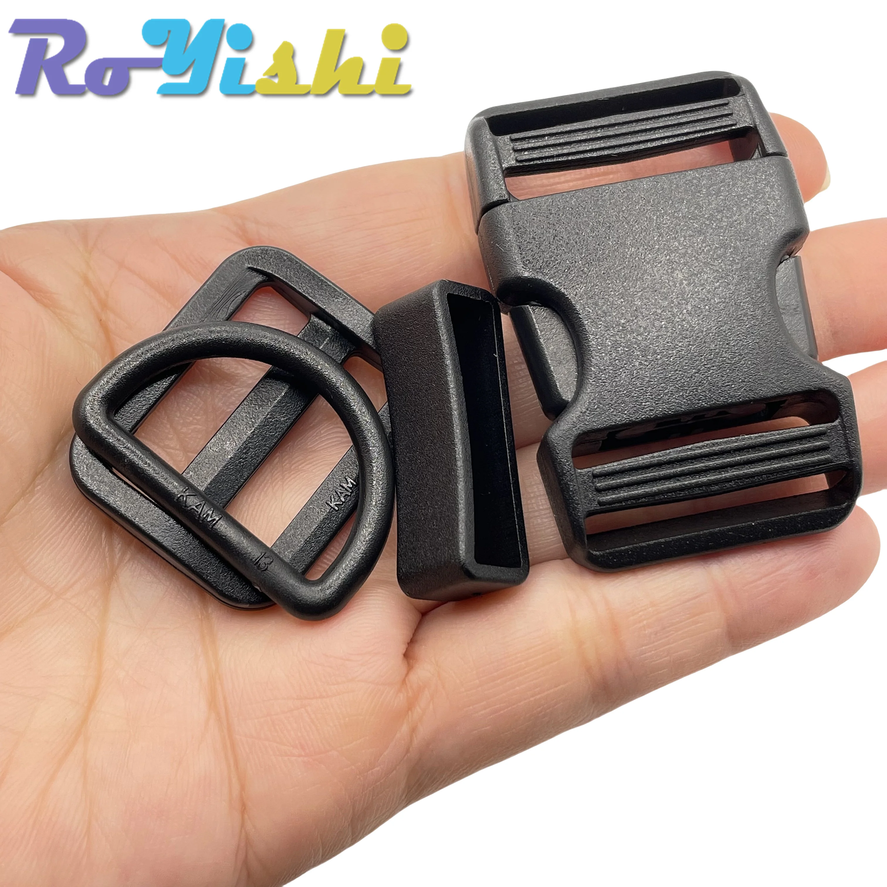 1 Juego de 10mm, 15mm, 20mm, 25mm, 30mm, 38mm, deslizador de plástico, anillos en D ajustables, bucle de cinturón, hebillas de liberación lateral curvadas para Paracord - imagen 3