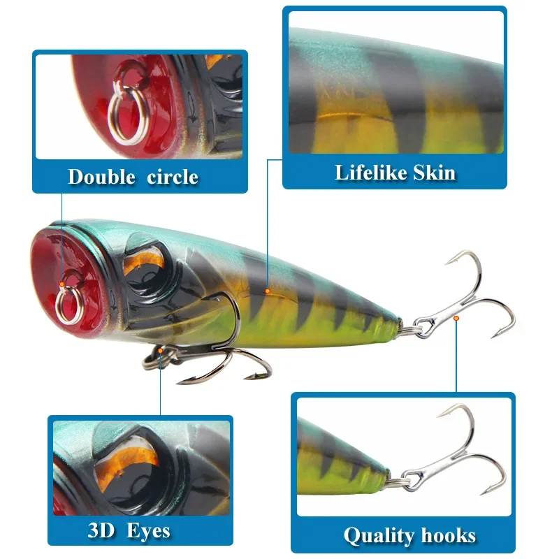 Señuelo de pesca Popper, 80mm, 14g, cebo duro Topwater, Wobblers artificiales, aparejos de pesca superficial, anzuelos dobles, cebo de superficie - imagen 4