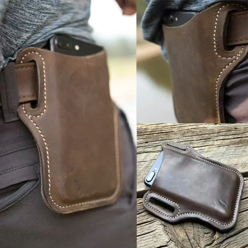 Almacenamiento al aire libre, riñonera Retro de cuero de caballo para teléfono, cinturón, riñonera colgante para hombre, bolsa para teléfono de trabajo deportivo para acampar - imagen 2