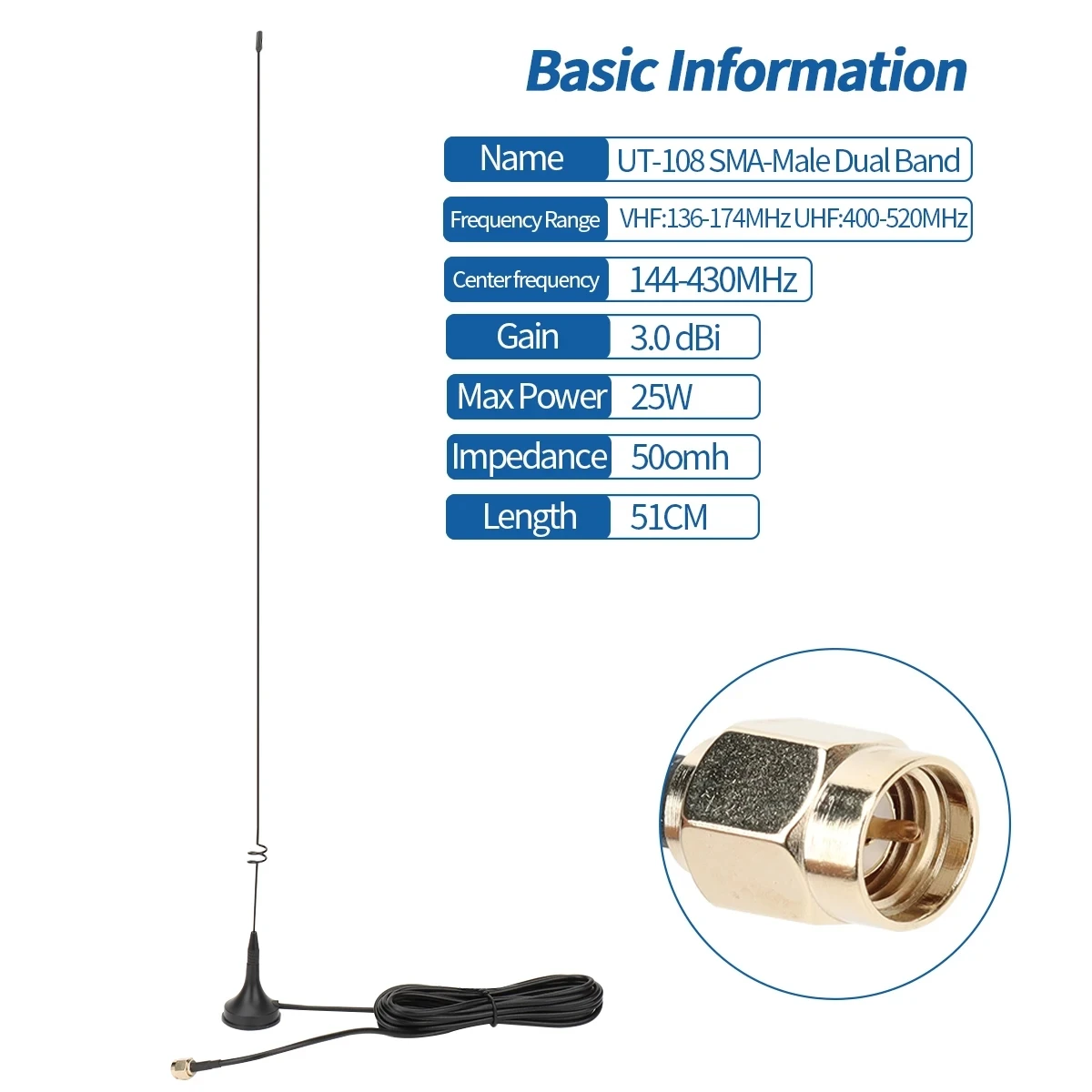 ABBREE UT-108UV antena SMA-macho VHF UHF antena móvil magnética para BAOFENG Radio bidireccional UV-3R WOUXUN KG-UV9D Plus/Mate TYT F5