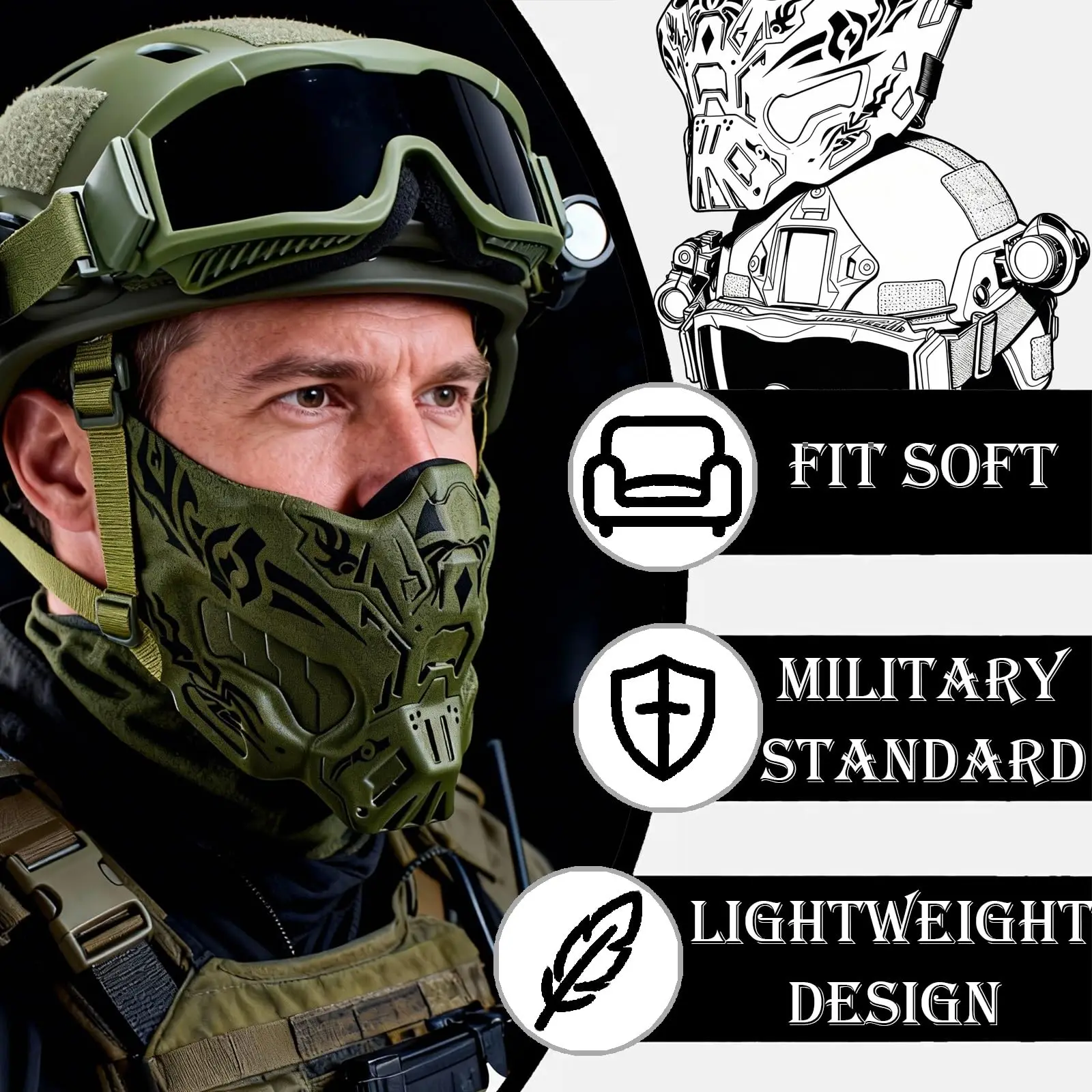 Juego de casco Airsoft 7 en 1 con cámara de acción, videocámara, máscara de fantasma de media cara, linterna, gafas tácticas para Paintball al aire libre