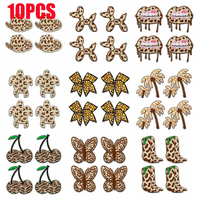 10 unids/lote de parches bordados de la serie con estampado de leopardo de dibujos animados, parches para planchar para ropa, parche para labios de cereza y mariposa, chaqueta DIY