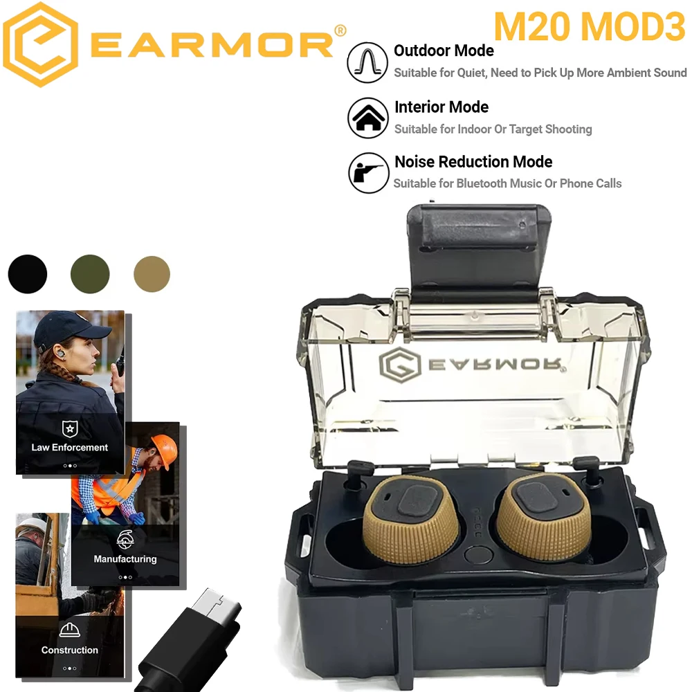 Tapones para los oídos Bluetooth Earmor M20 Ver, tapones para los oídos electrónicos militares con reducción de ruido, protección auditiva para tiro de alcance y caza