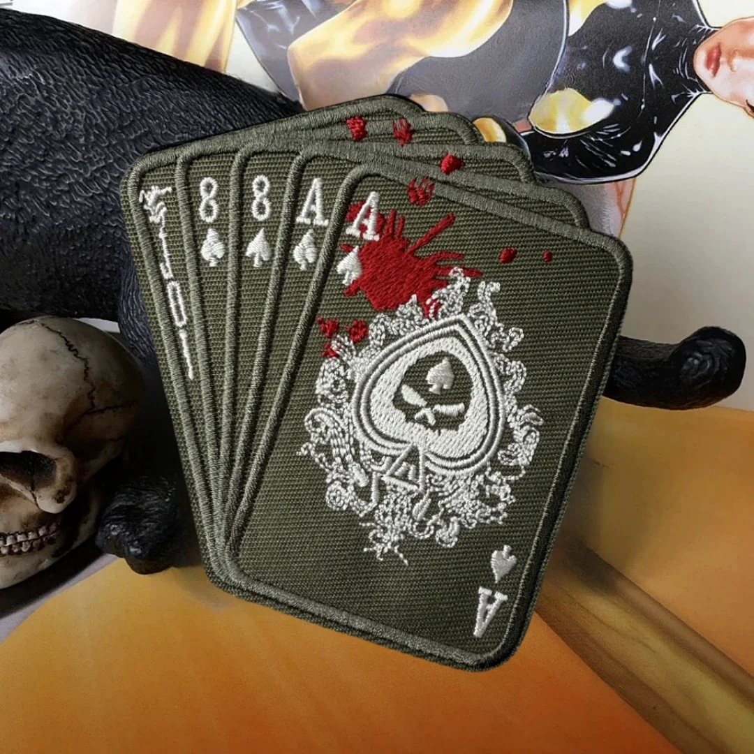 Cartas de póker de esqueleto, parche bordado, insignia de moral táctica, parches militares personalizados de gancho y bucle para ropa, pegatina para mochila - imagen 5