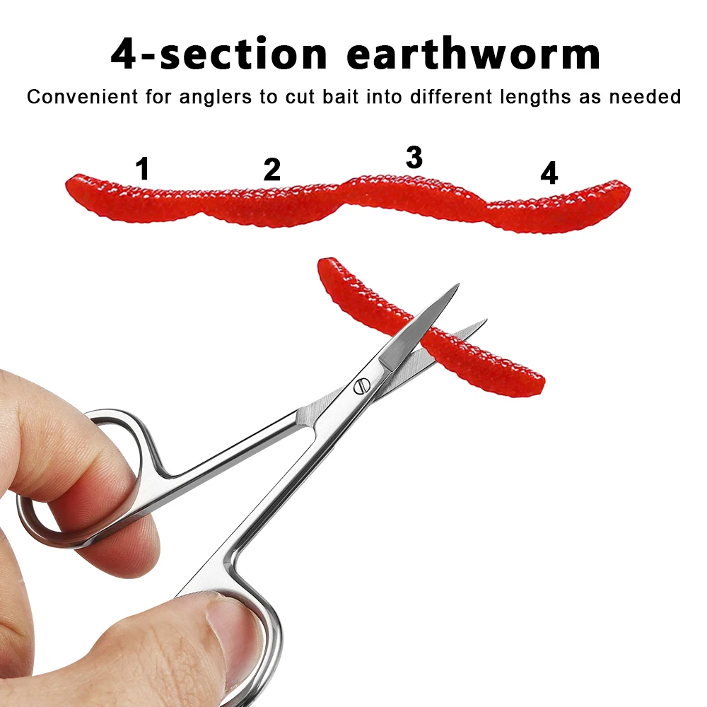 100 uds/botella cebo suave de gusano señuelo Artificial 4 secciones señuelo de gusano rojo olor a pescado aparejos realistas cebo de pesca de carpa lubina - imagen 5