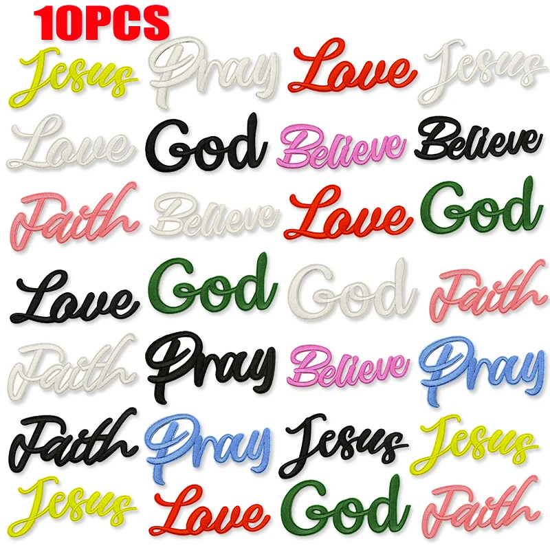 10 Uds. Parches bordados de Jesús Dios para ropa fe cree parche con letras en inglés parches para planchar para ropa chaquetas sombreros DIY