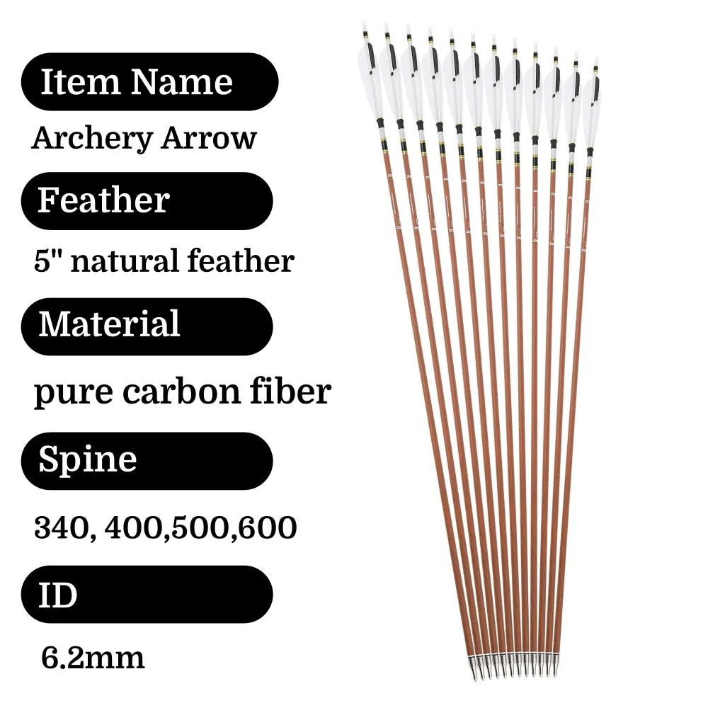 6/12 Uds tiro con arco flechas de carbono puro SP 340-600 31 "ID6.2mm eje tiro con arco arco compuesto recurvo caza tiro objetivo deportes - imagen 4