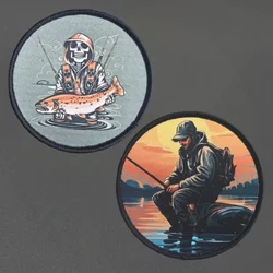 Parche con estampado de pesca, chaleco táctico Vintage para pescador, puesta de sol, gancho y bucle, pegatinas decorativas para mochila, parches para brazalete para ropa