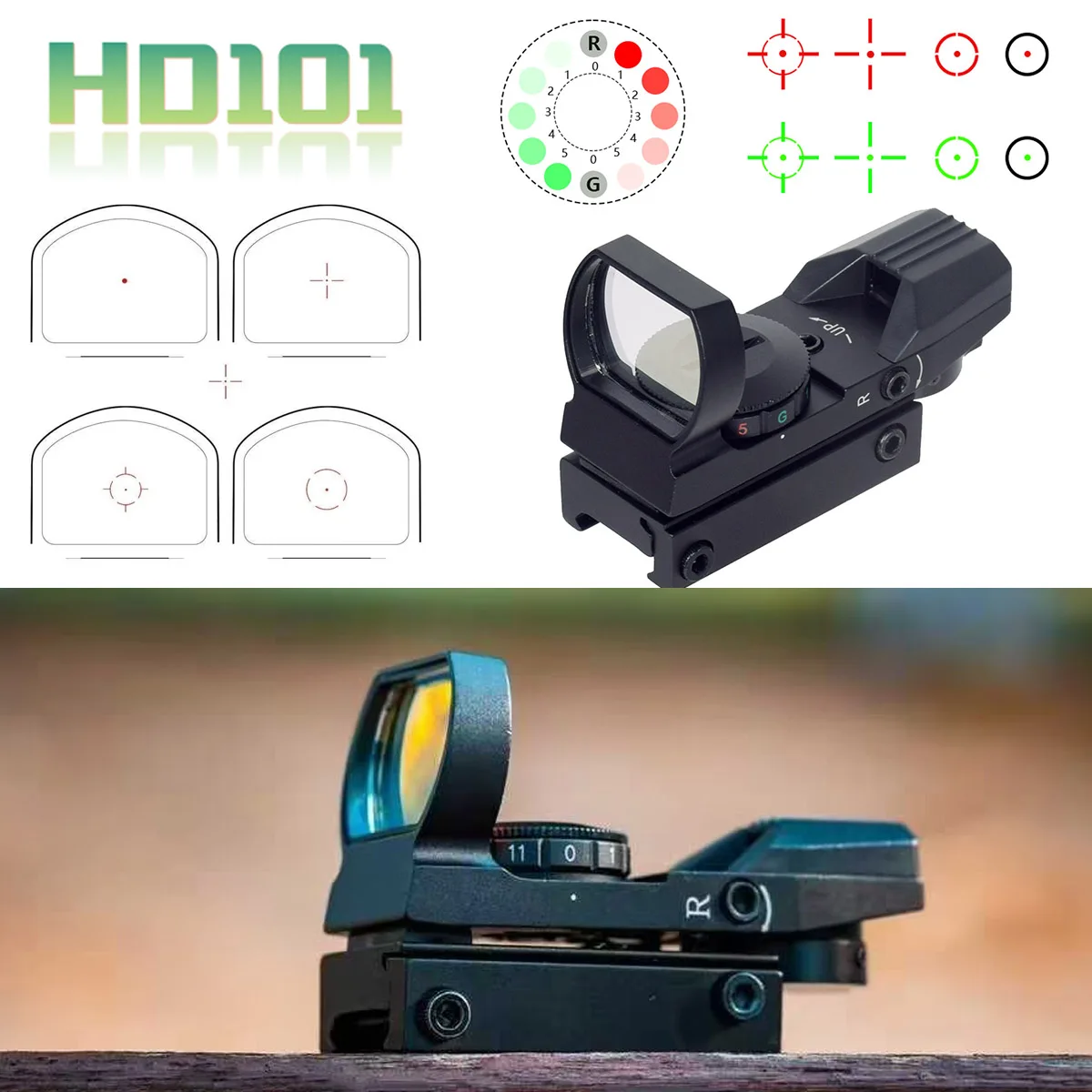 Mira telescópica táctica HD101 con punto rojo y verde, colimador de 4 retículas, óptica de colección de caza, mira telescópica holográfica Airsoft