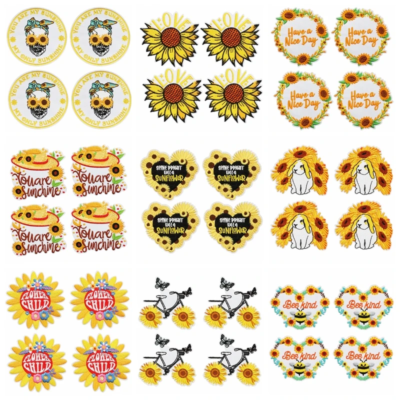Parche bordado de girasol, 10 Uds., venta al por mayor, parches de flores con letras de corazón de amor para ropa, parches para planchar DIY para insignias de ropa